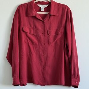 100% Silk Red Button Up Shirt Women L Luxury Holiday Career VTG